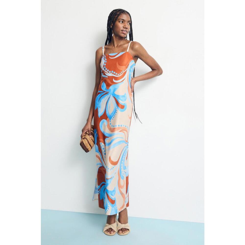 Donna Morgan Multicolored Tropical Printed Midi Dress Size 8 with Fabric Pull